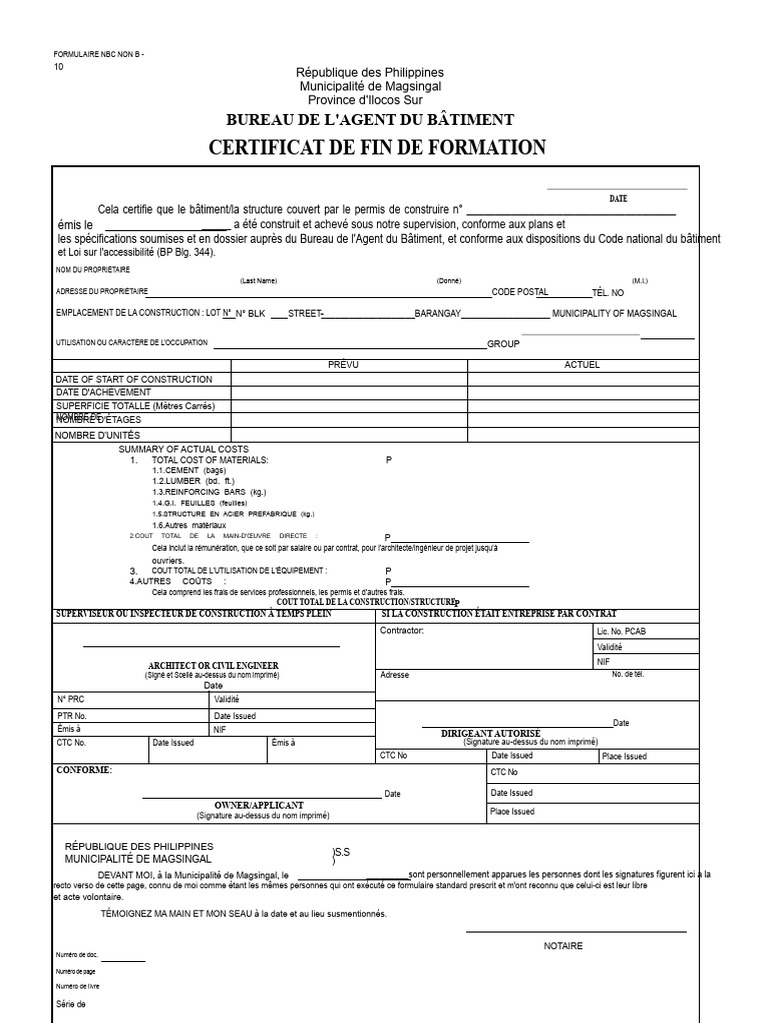 Certificat de Fin de Construction Philippines | PDF