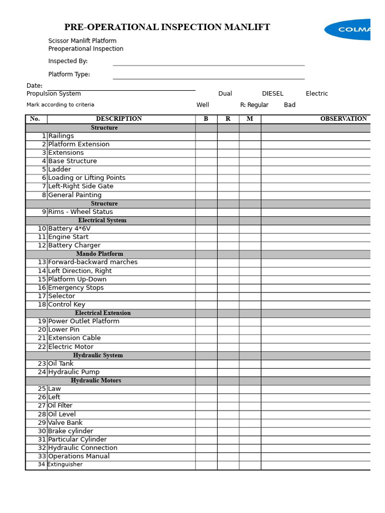 Col-F220 Preoperational Inspection Manlift | PDF