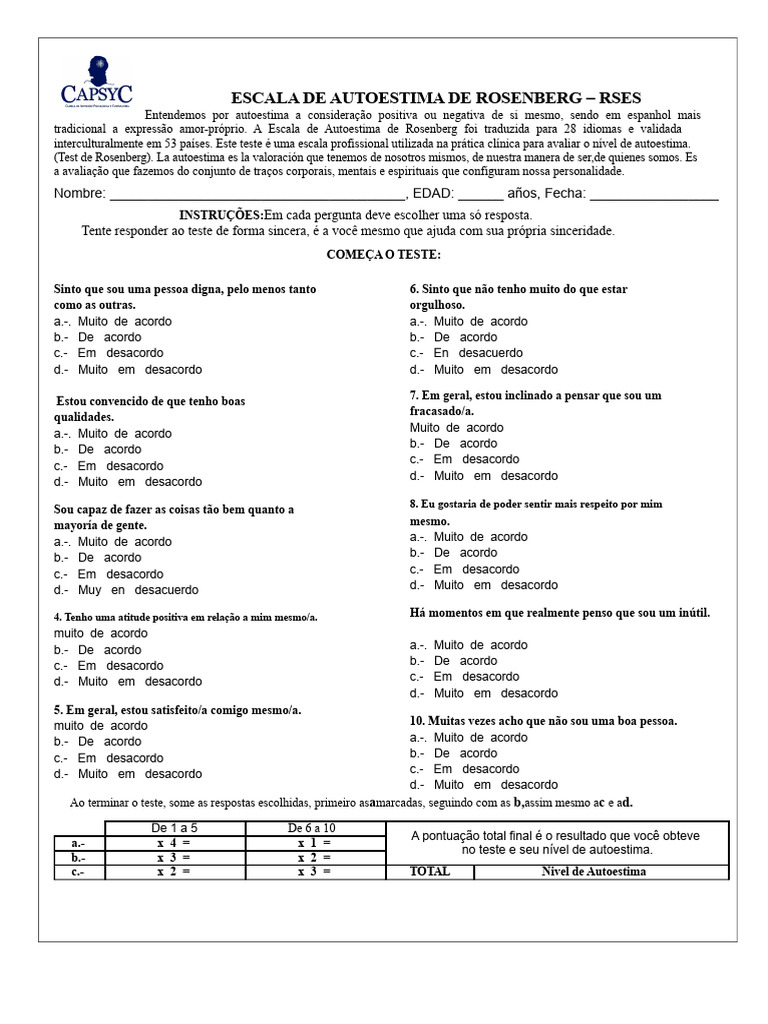 Escala de Autoestima de Rosenberg: Teste e Resultados | PDF | Autoestima