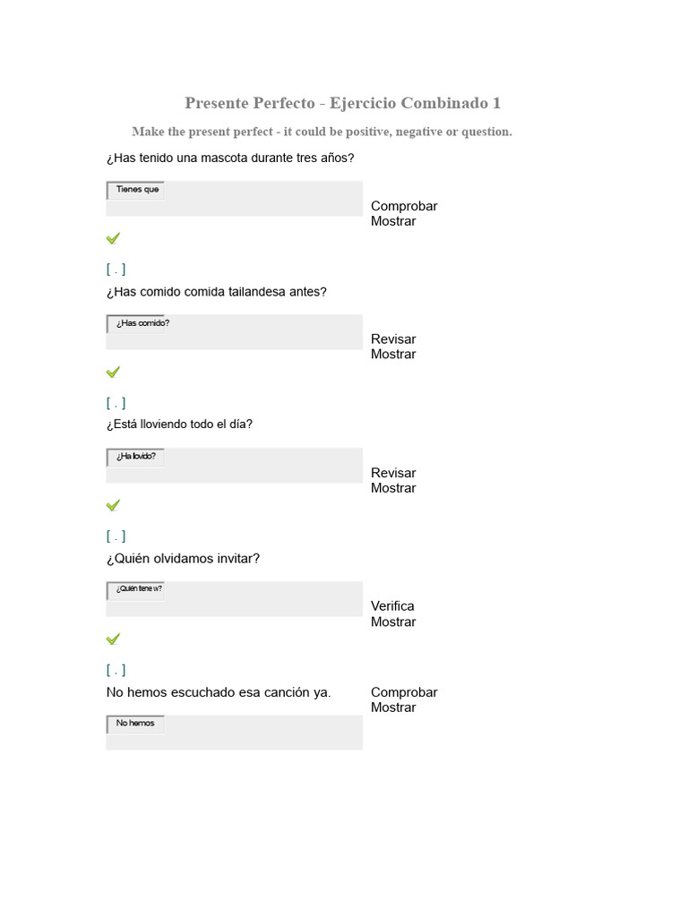Ejercicios de Presente Perfecto y Adjetivos | PDF