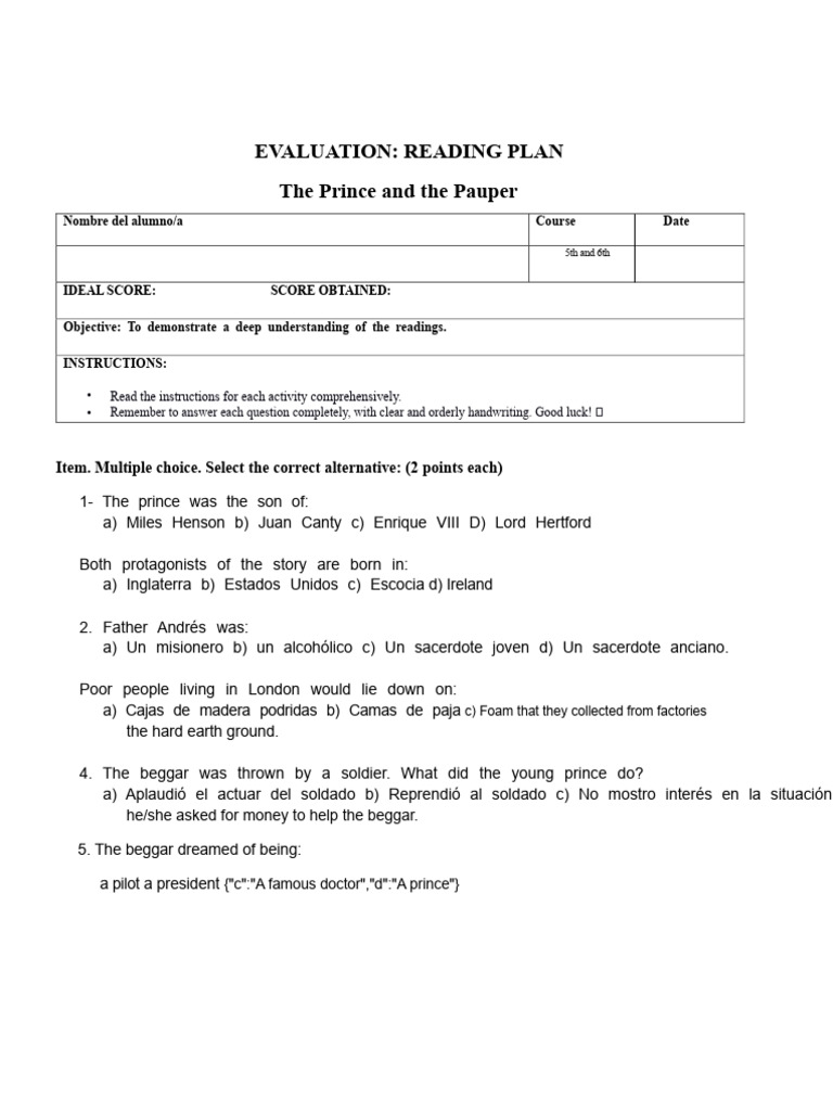 Reading Plan The Prince and the Pauper | PDF