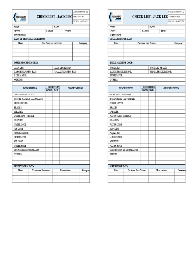 Jack Leg Equipment Checklist | PDF | Mechanical Engineering