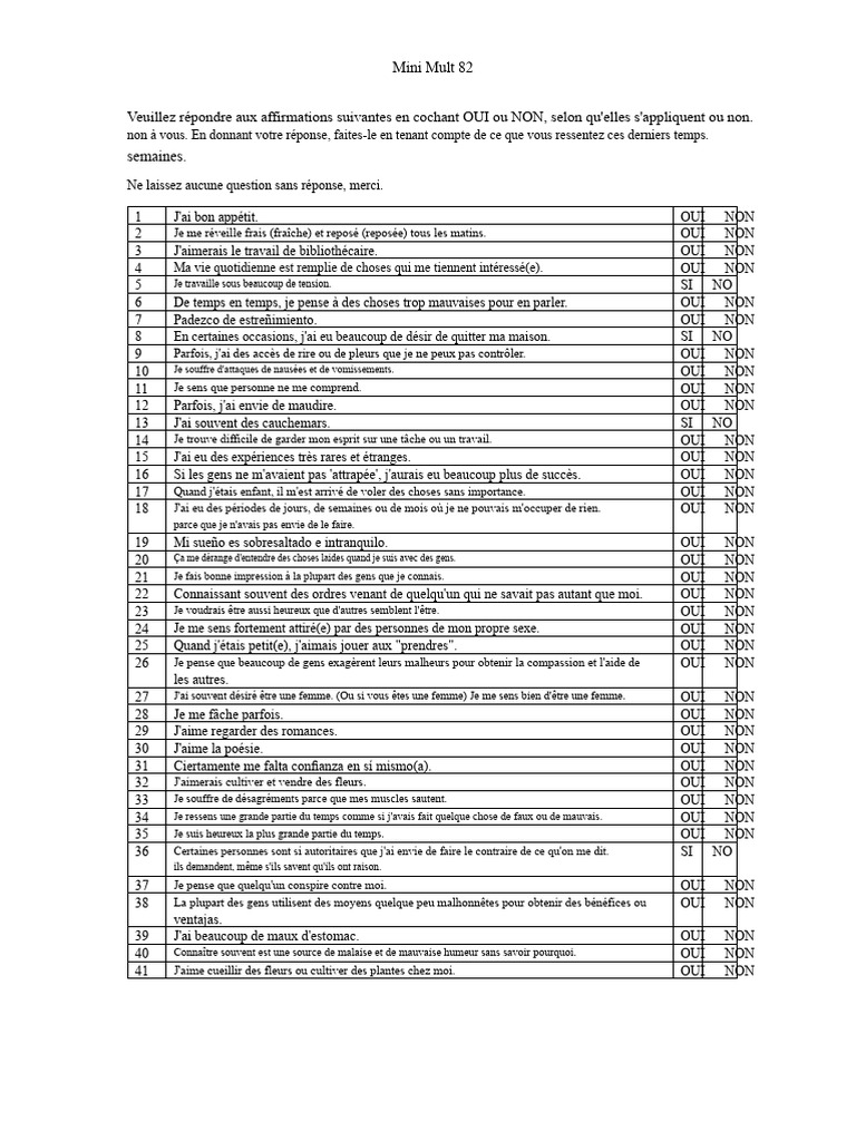 Questionnaire Mini Mult 82 sur le bien-être | PDF