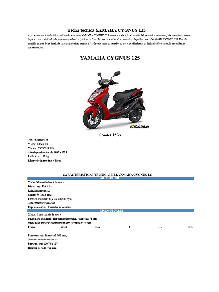 Ficha Técnica Yamaha 125 | PDF