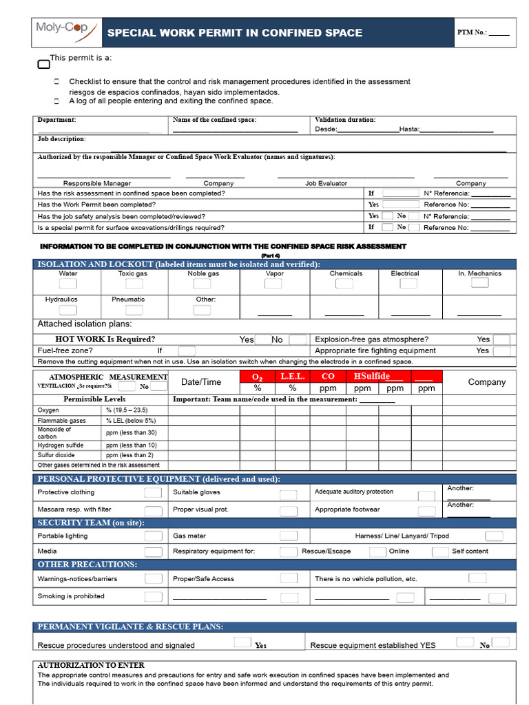 Confined Space Special Work Permit Checklist | PDF | Safety | Gases