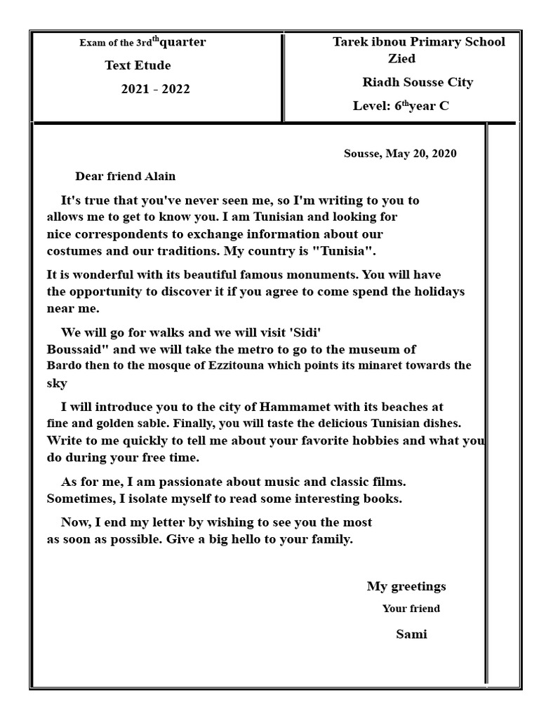 6th Grade Letter Writing Exam 2022 | PDF