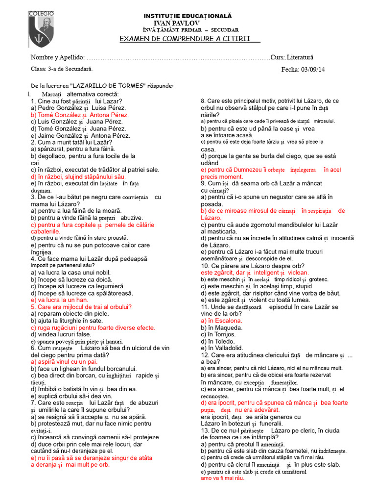 Examen Lazarillo de Tormes Pag 60 | PDF