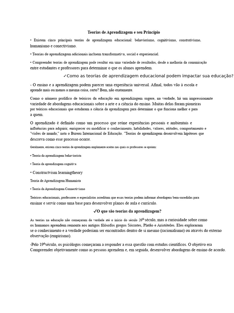 Teorias Da Aprendizagem Final | PDF | Aprendizado | Behaviorismo
