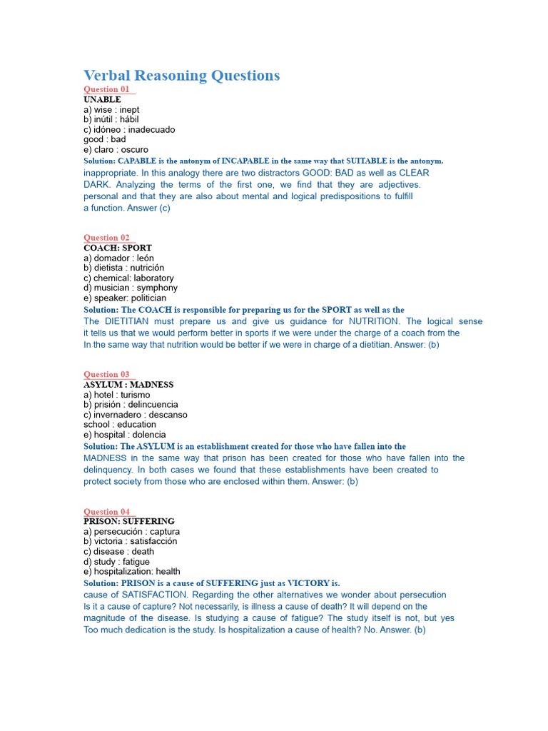 Verbal Reasoning Practice Questions | PDF | Theory | Mathematics