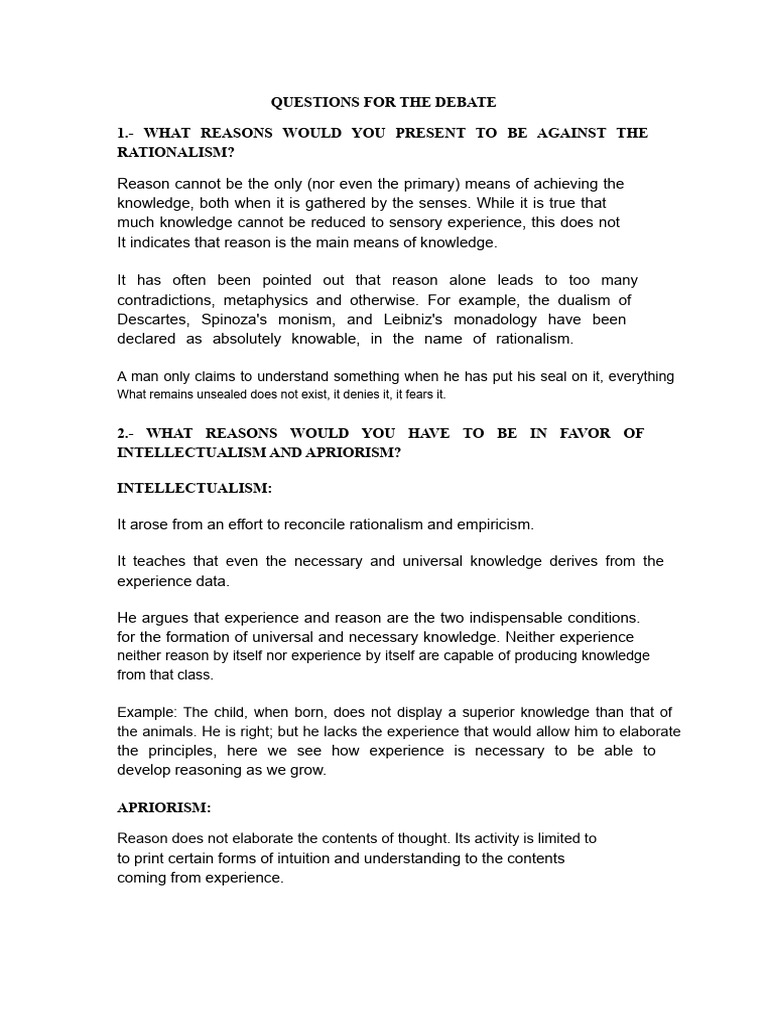 Debate Questions on Rationalism and Knowledge | PDF | Rationalism | Reason