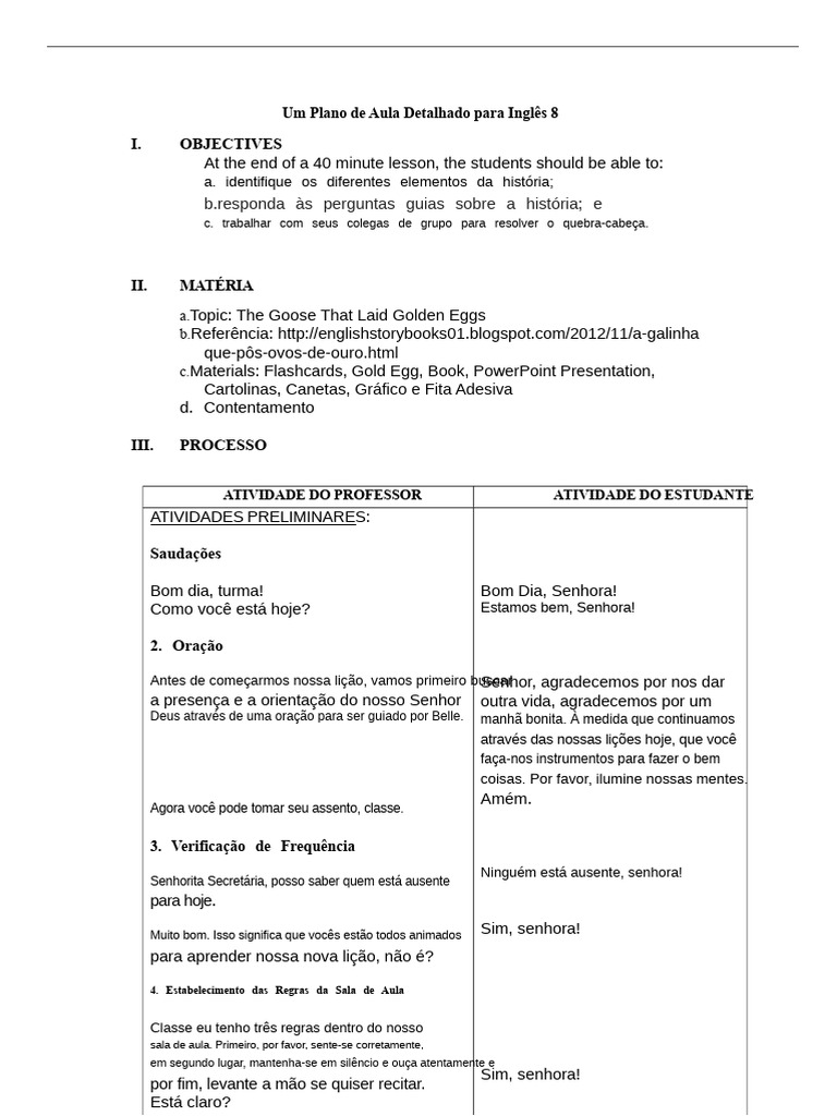 Plano de Aula: A Gansa dos Ovos de Ouro | PDF | Fábula | Ganso