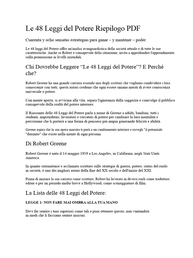 Le 48 Leggi Del Potere Riassunto PDF | PDF