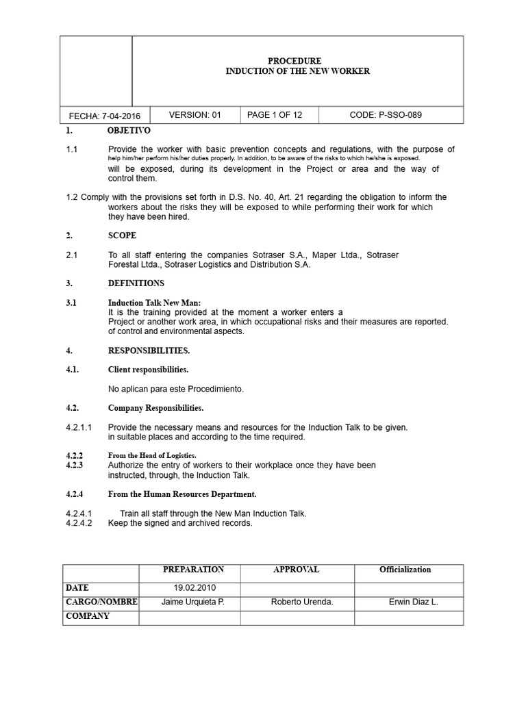 New Worker Induction Procedure Guide | PDF | Occupational Safety And ...