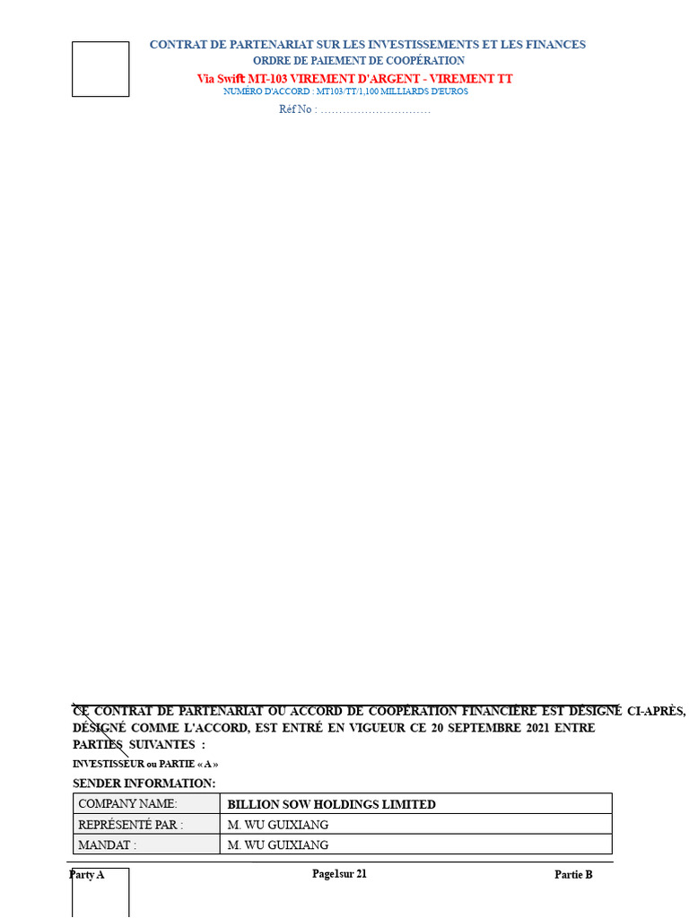 Contrat de Partenariat Financier MT-103 | PDF | Banques | Virement bancaire