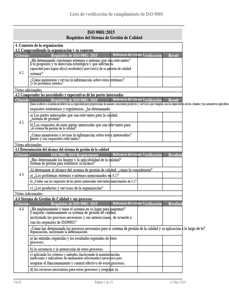 Lista de Verificación de ISO 9001 | PDF | Sistema de manejo de calidad ...