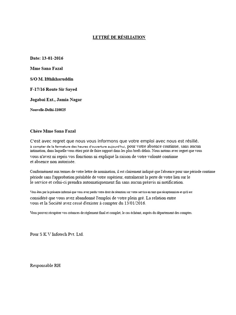 Résiliation d'emploi pour absence non autorisée | PDF