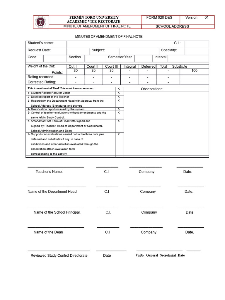 Final Grade Amendment Form 020 DES | PDF