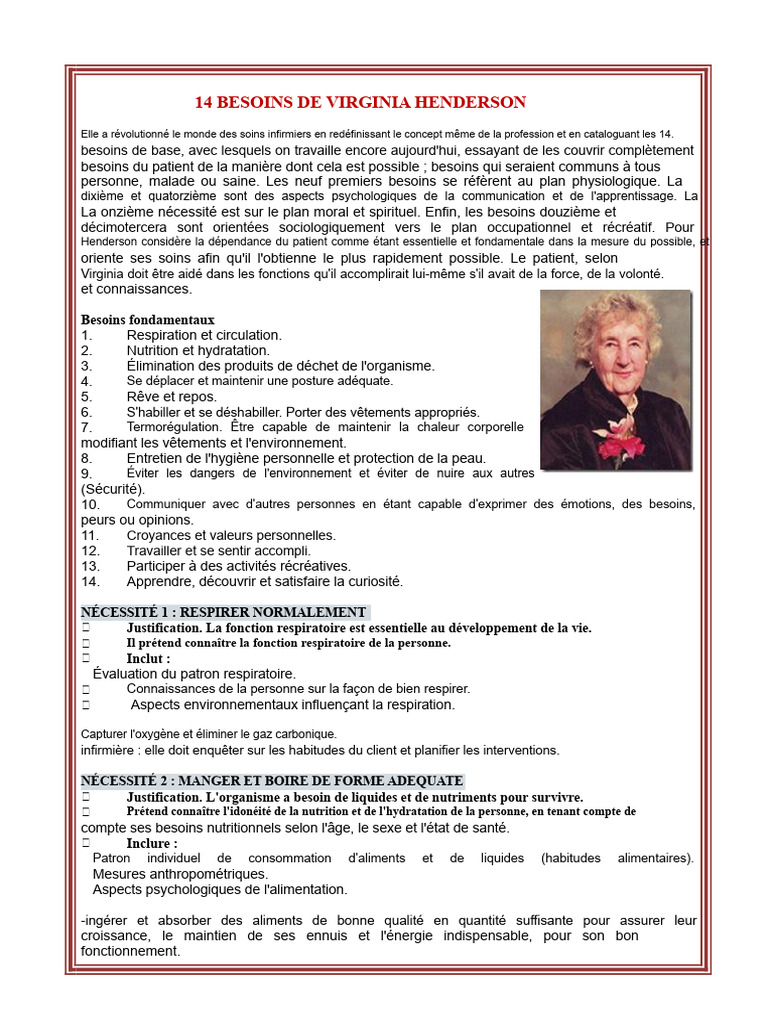 14 besoins fondamentaux de Virginia Henderson | PDF | Apprentissage ...