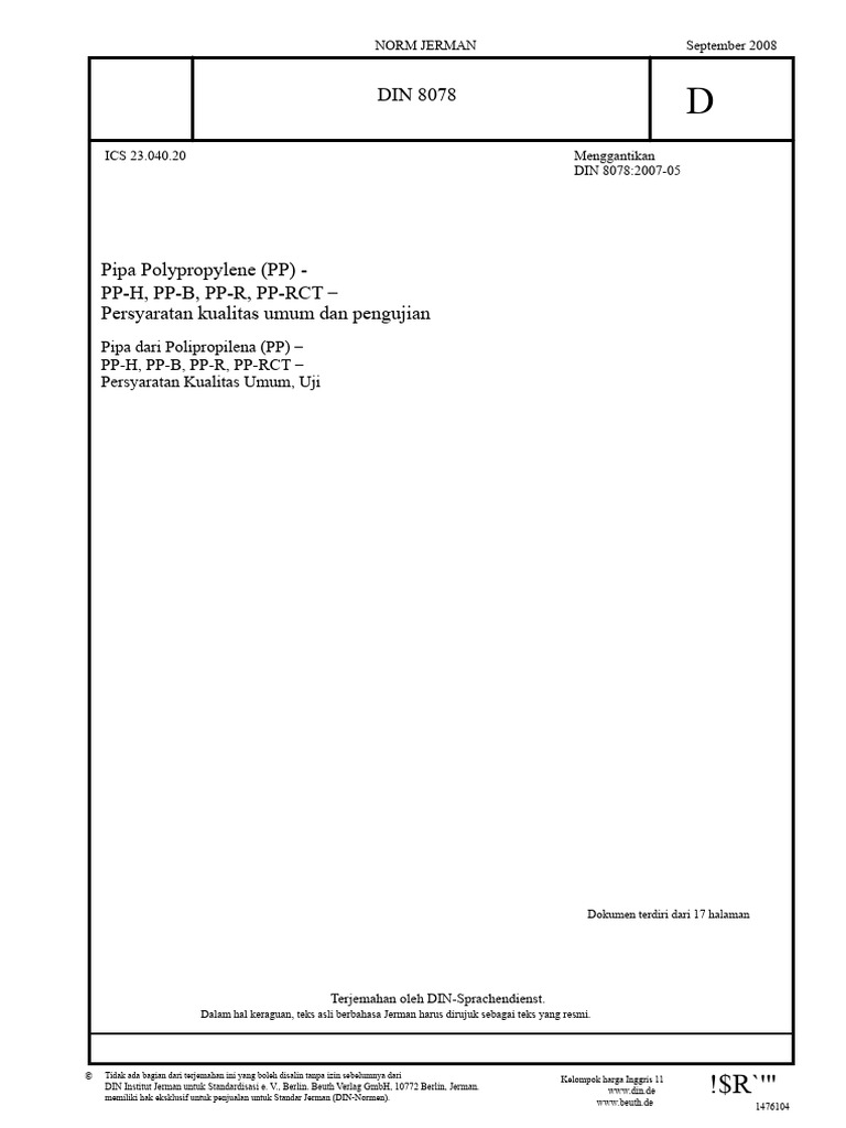 Standar Kualitas Pipa Polypropylene DIN 8078 | PDF