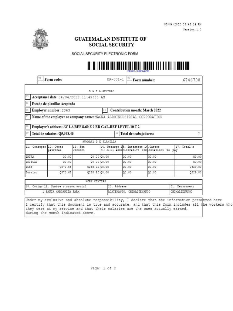 Guatemalan Social Security Form DR-001-1 | PDF | Business Ethics ...