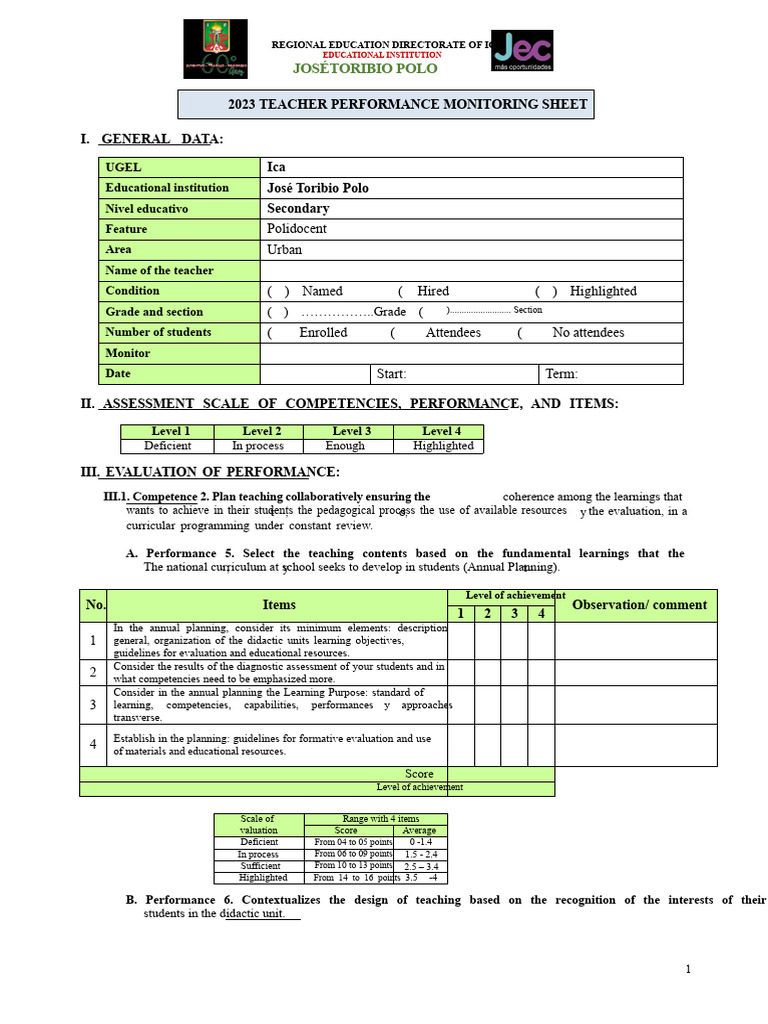2023 Teacher Performance Monitoring Sheet | PDF | Pedagogy | Learning
