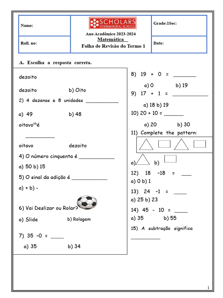 Revisão de Matemática 1º Ano 2023-2024 | PDF | Matemática