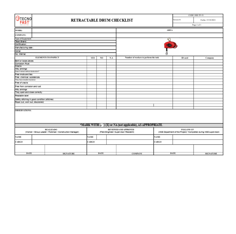 Retractable Drum Safety Checklist | PDF