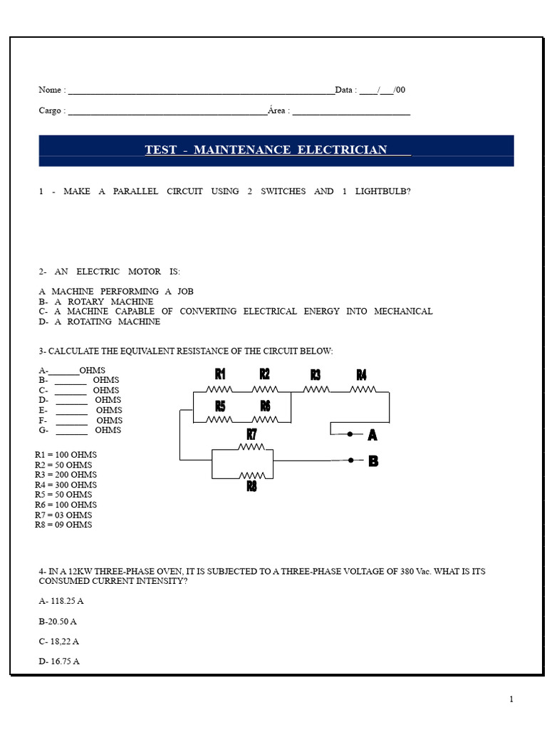 Maintenance Electrician Test Questions | PDF | Alternating Current ...