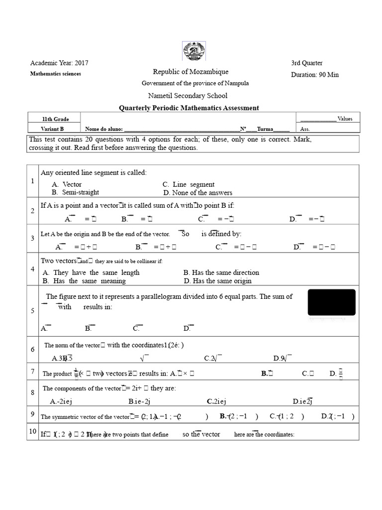 11th Grade Math Assessment Mozambique | PDF | Euclidean Vector | Line ...