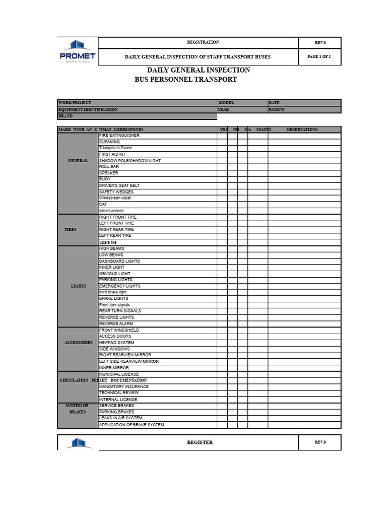 Daily Inspection Checklist for Buses | PDF | Car | Transport