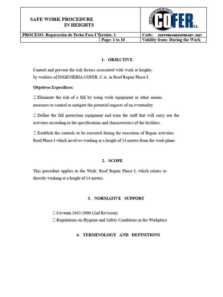 SAFE WORK PROCEDURE FOR ROOF REPAIR PHASE I | PDF | Safety | Personal ...