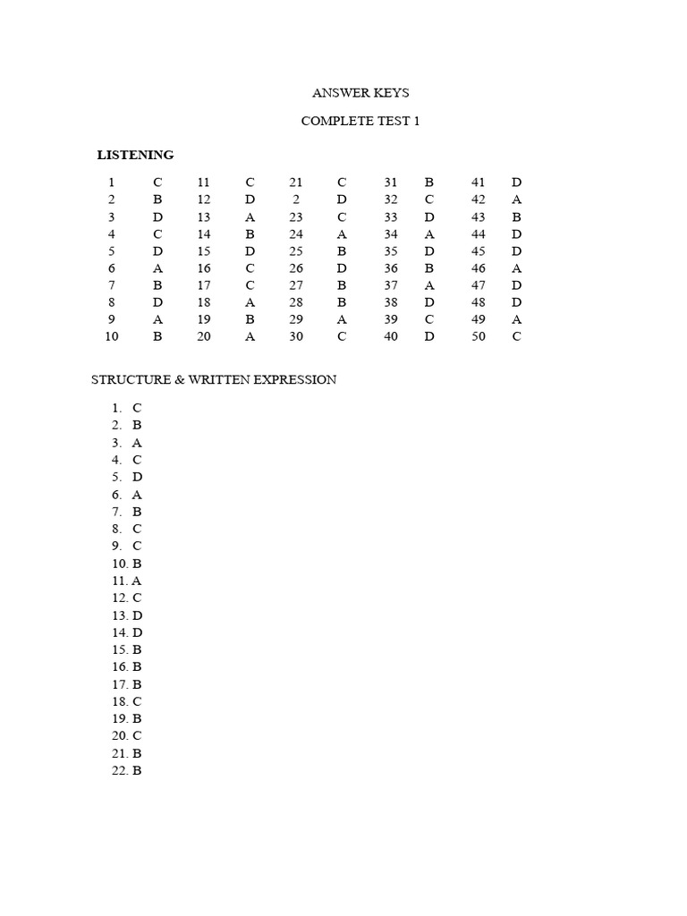 Test 1 Answer Keys for Listening, Structure, and Reading | PDF