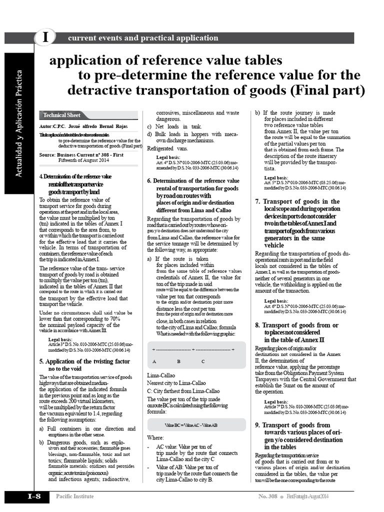 Reference Value Tables for Transport | PDF