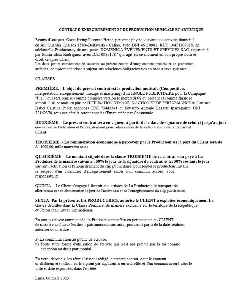 Contrat de Production Musicale Jingle | PDF