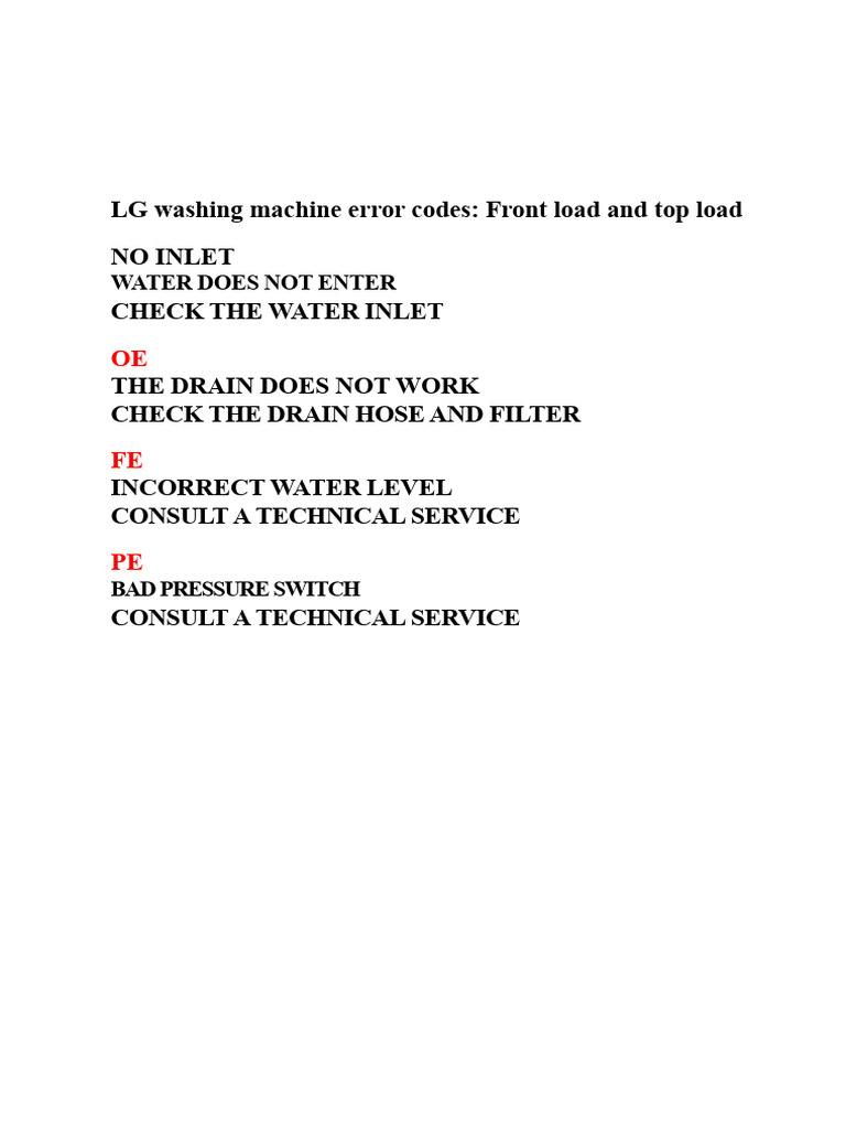 Washing Machine Error Codes Guide | PDF | Washing Machine | Clothes Dryer