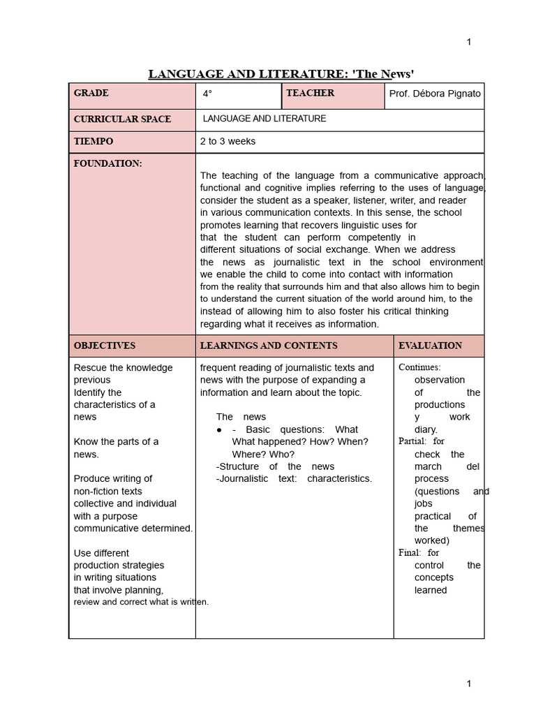 UNIT 4 - LANGUAGE AND LITERATURE - Topic - The News - FOURTH GRADE ...