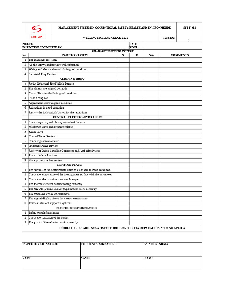 Welding Machine Safety Inspection Checklist | PDF | Electrical ...
