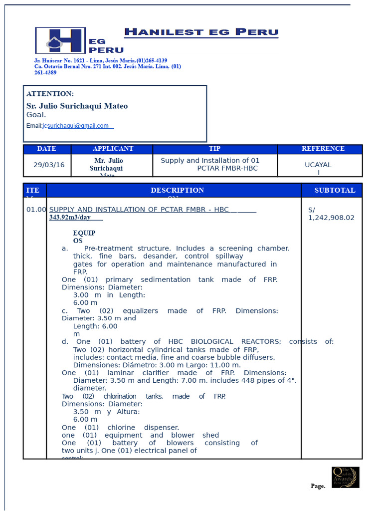 Quotation Ptar | PDF | Sewage Treatment | Pipe (Fluid Conveyance)