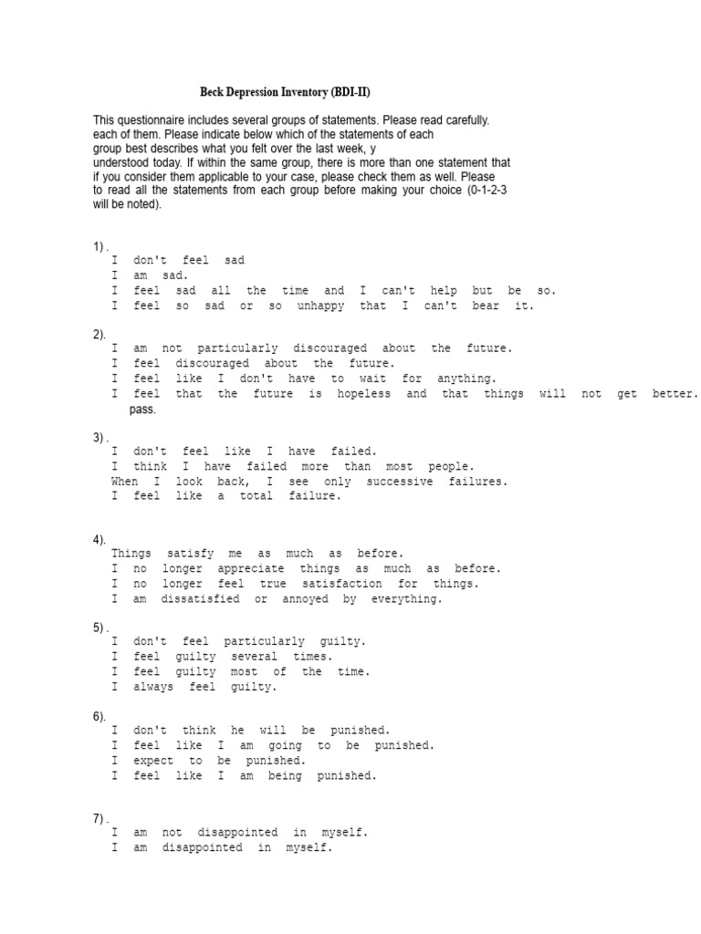 Beck Depression Inventory II Guide | PDF | Major Depressive Disorder ...