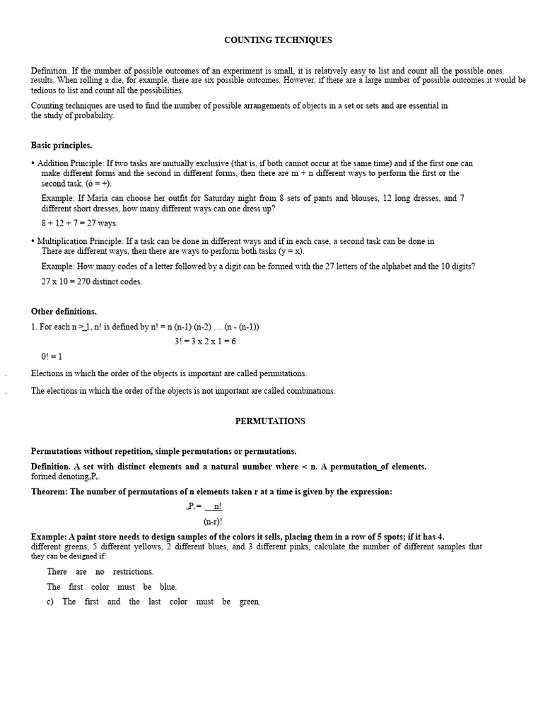 Counting Techniques Theory | PDF | Permutation | Multiplication