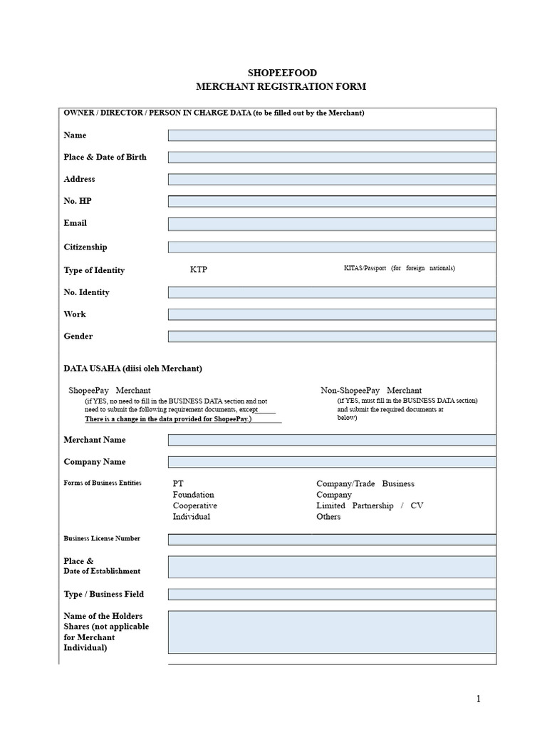 ShopeeFood Merchant Registration Form | PDF | Identity Document | Business