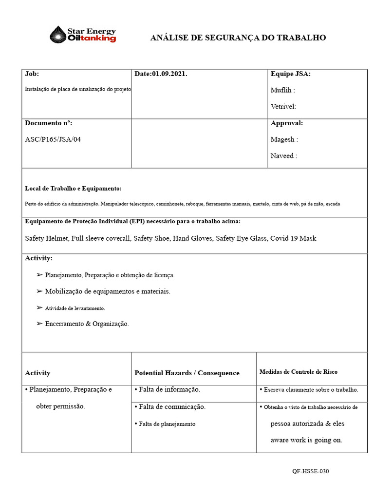Análise de Segurança no Trabalho 2021 | PDF