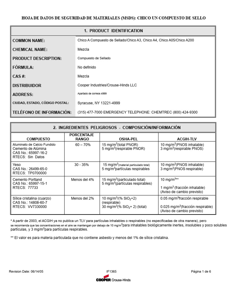 MSDS Chico A Compuesto de Sellado | PDF | Agua | Administración de ...