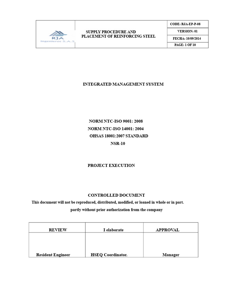 Reinforcing Steel Placement Procedure | PDF | Concrete | Mechanical ...