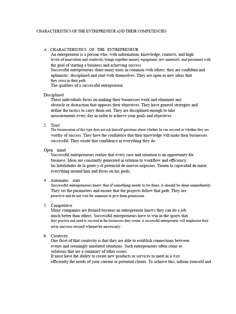 Entrepreneur Characteristics and Skills | PDF | Entrepreneurship ...