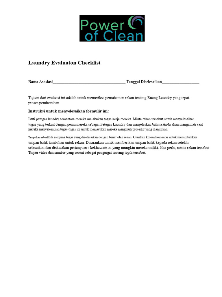 Checklist Evaluasi Proses Laundry | PDF