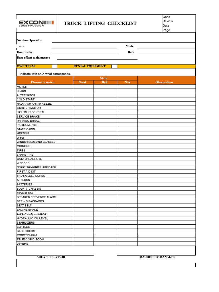Truck Lifting Equipment Checklist | PDF