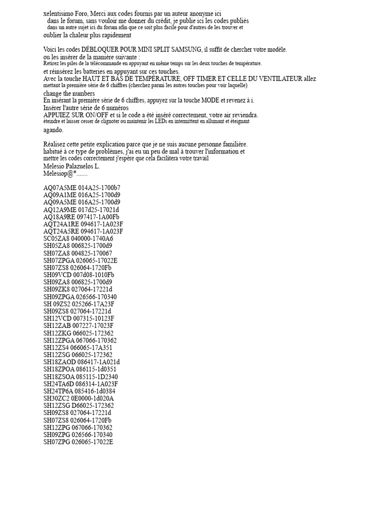 Codes de déblocage Mini Split Samsung | PDF | Télécommande | Conception