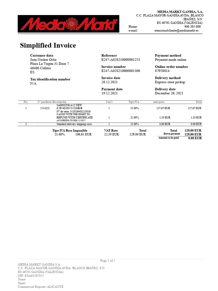 Turnover 87958014 A028210000001306 | PDF | Invoice | Government Finances