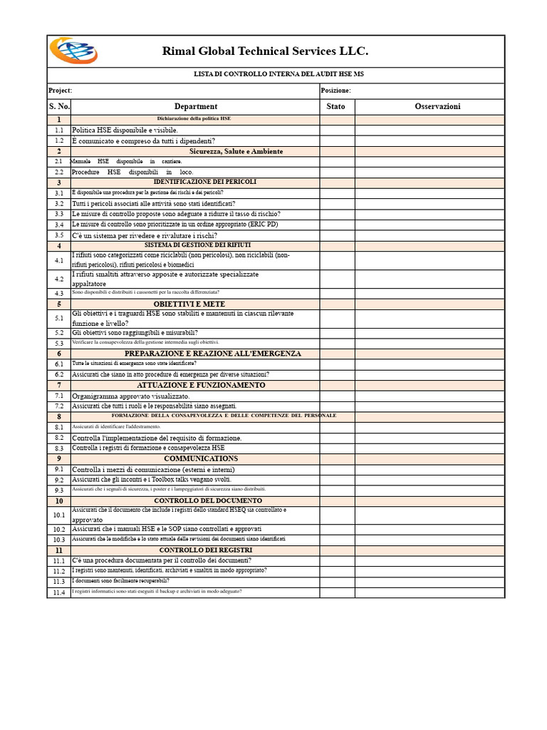 Checklist Per La Revisione Interna Hseq Ims | PDF